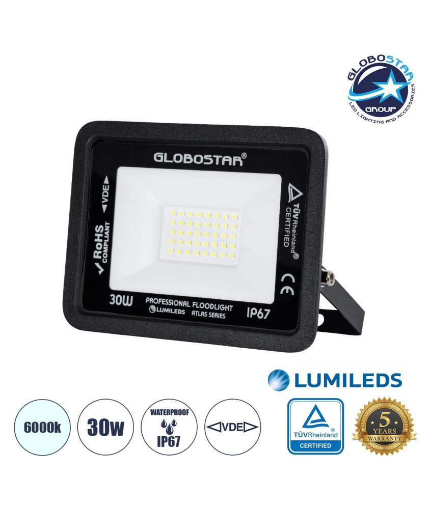 GLOBOSTAR® ATLAS 61416 Προβολέας LED 30W 3750lm 120° AC 220-240V Αδιάβροχο IP67 Ψυχρό Λευκό 6000K - Lumileds SMD Chip - TÜV Rheinland Certified - Μαύρο Ματ - Μ16 x Π2.5 x Υ12.5cm - 5 Χρόνια Εγγύηση